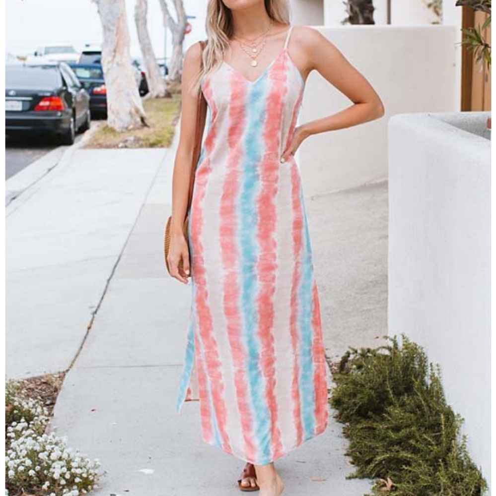 Blue & Cream V Neck Maxi Tie Dye Dress